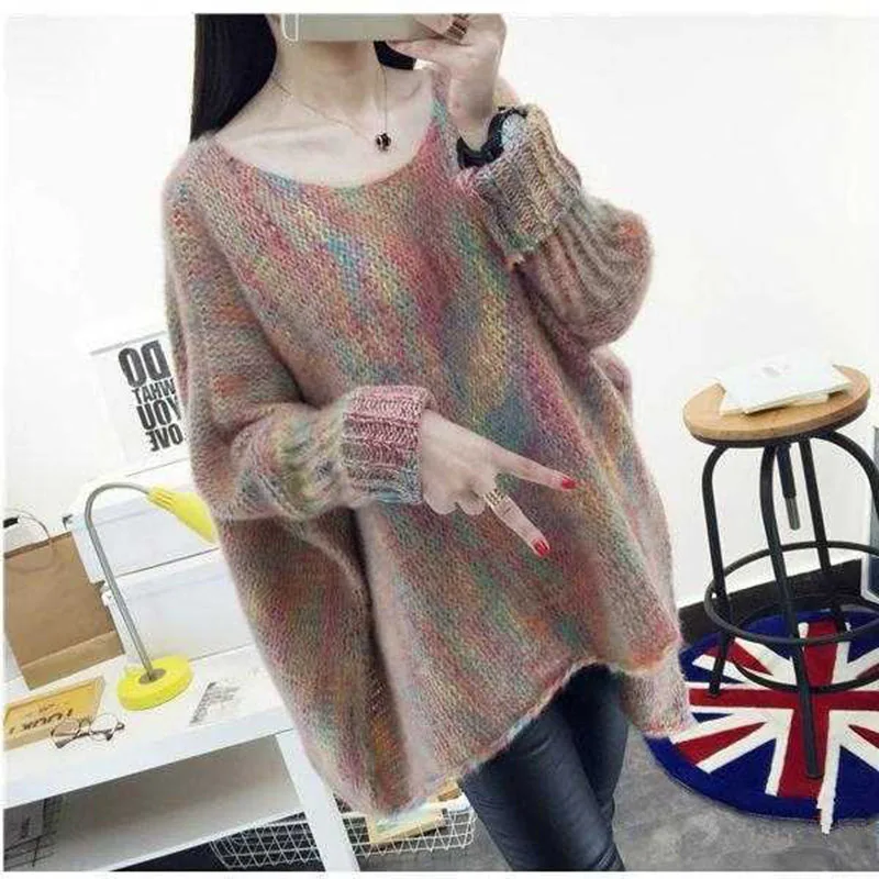 

Spring And Autumn Women'S Korean Version Of The Color Bat Sleeve Cloak Loose Mid-Length Pullover Coat Sweater