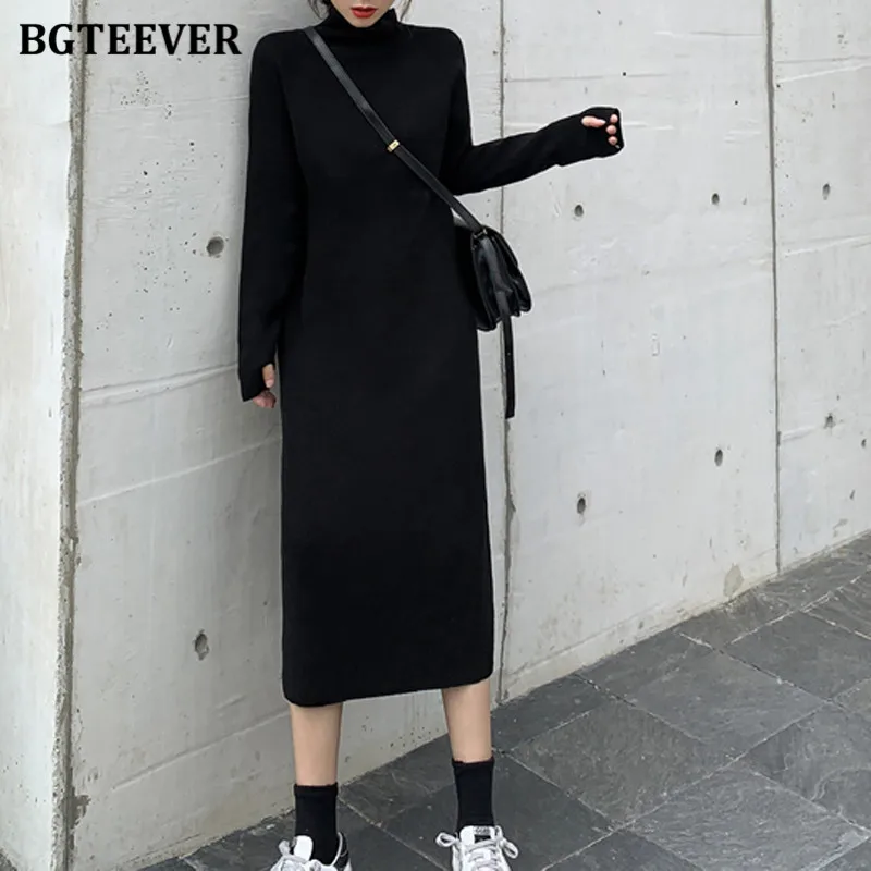 BGTEEVER осенне-зимнее трикотажное платье до середины икры с высоким воротником