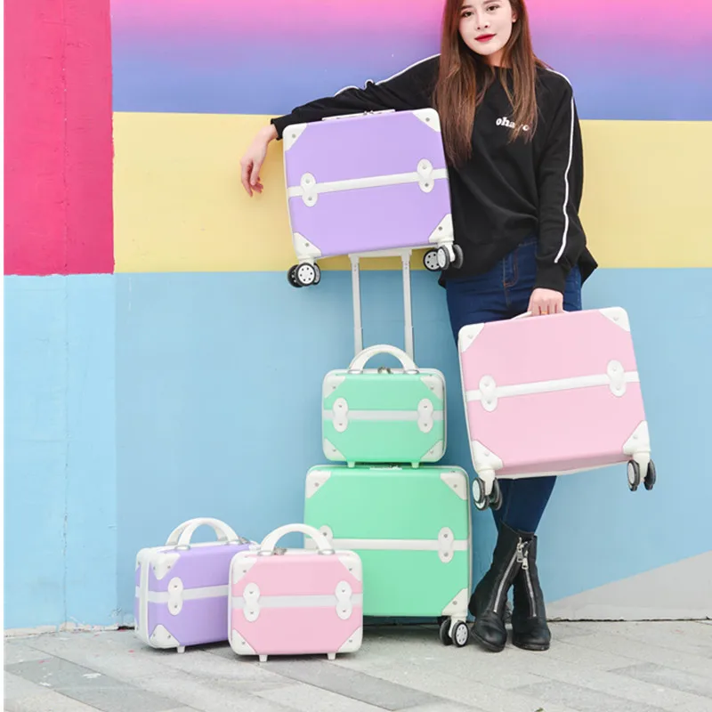 16 Inches Cabin Travel Suitcases Set Pink Rolling With Wheels Luggage Trolley Case Women's ABS Retro Cute Makeup Petite Valise