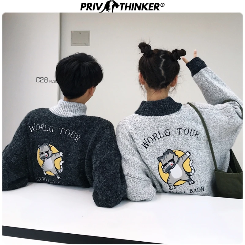Privathinker, пара, милый кот, вышивка, Повседневные свитера для мужчин и женщин, Утолщенные, теплые пуловеры, одежда для влюбленных,, вязаный свитер