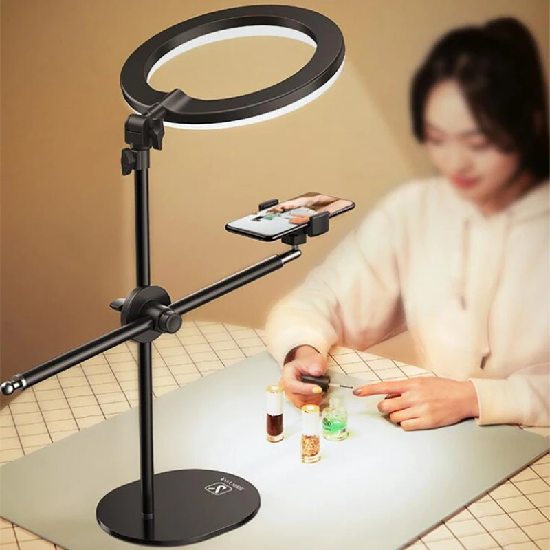 

Phone Stand Monopod with LED Ring Flash Light Lamp Selfie Stick Tabletop Stand with Mobile Phone Holder Overhead Shot for Nail