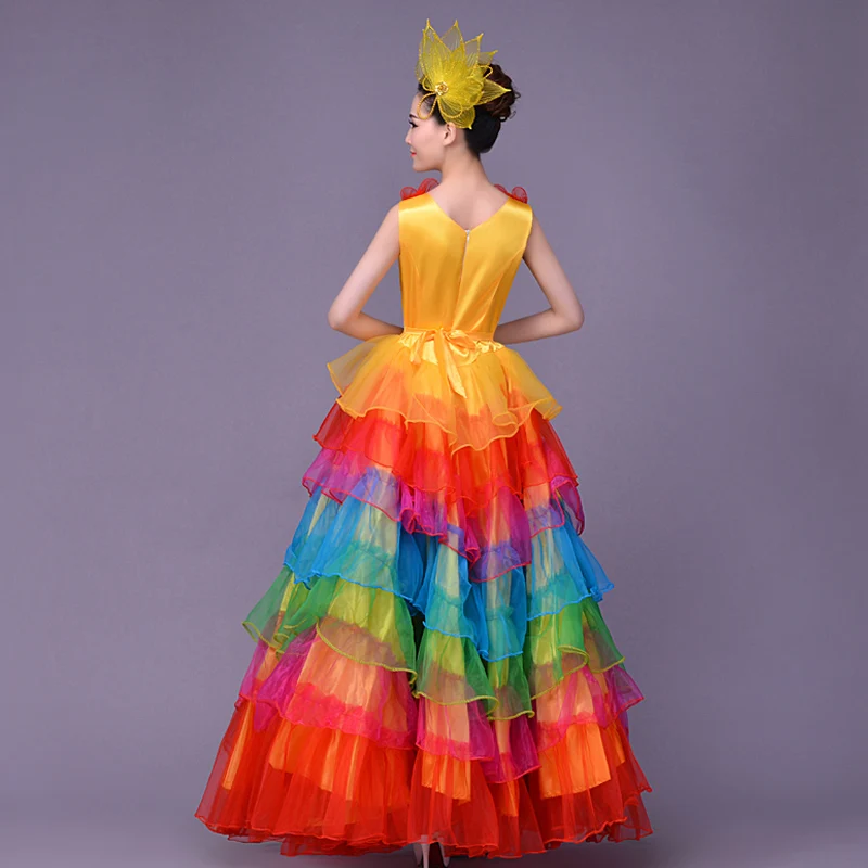 Красочные испанская коррида живота платье с широкой юбкой для танцев длинный