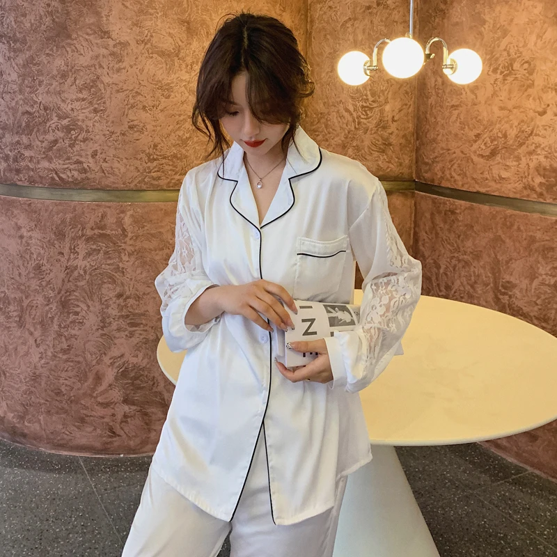 

Harajpee Hot Popular Pajamas Women's Spring Autumn Ice Silk Long Sleeve Cardigan Button Sweet Lovely Net Red Pop Home Suit 2021