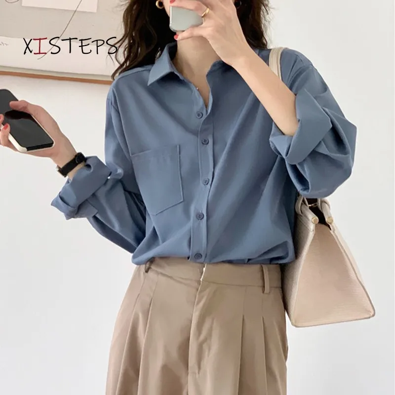 Retro Silky Chiffon Women Blouses OL Style Shirts Female Long Sleeve Work Wear Tops Blue Pink Purple Black Clothes 2021 Spring