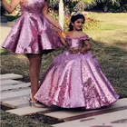 Пышное фиолетовое платье с блестками для девочек, платье принцессы с открытыми плечами и цветочным принтом, детское праздвечерние платье с корсетом на спине