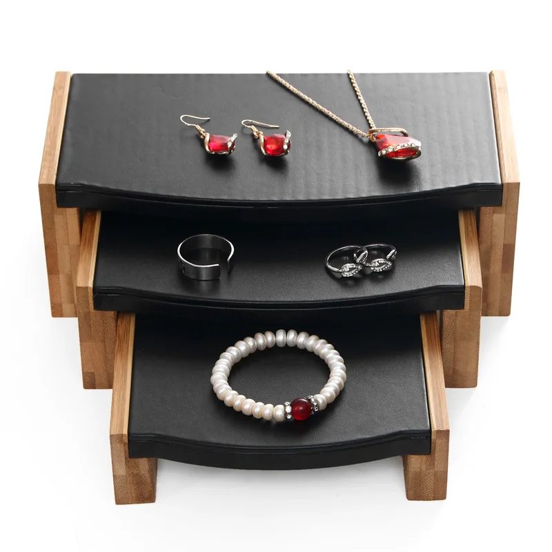 Handmade Bamboo Wood Black PU Necklace Ring Jewelry Display Stand Small Stool Three-piece Bracelet Rack Headband Display Card