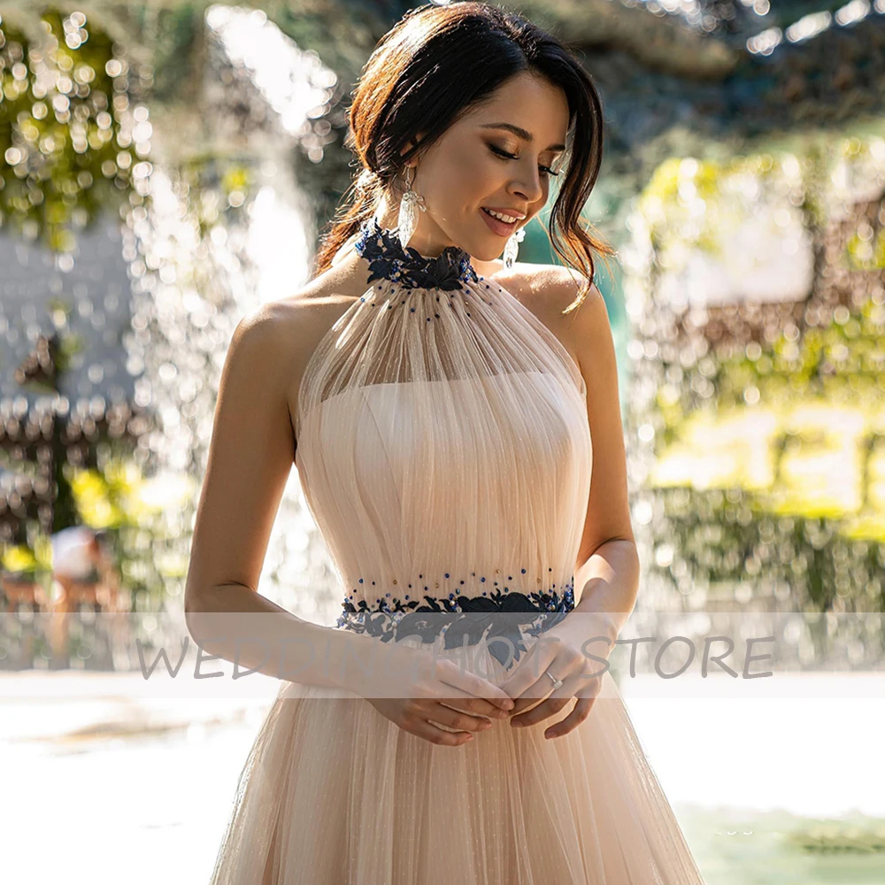 

Halter-Neck Sleeveless Evening Dresses 2021Women Lace Appliques Tea-Length Beading Prom Gown Eleglant Vintage vestidos de fiesta