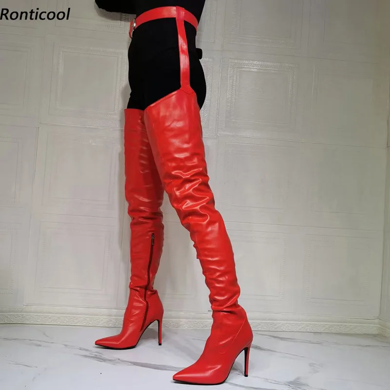 

Ronticool New Women Spring Thigh Boots Sexy Belts Stiletto Heels Pointed Toe Red Fuchsia White Cosplay Shoes Women Us Size 5-15