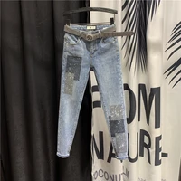 mom jeans womens jeans high waist slim feet nine points jeans women 2020 spring new sequin patch wild pencil pants
