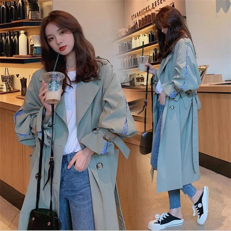 Trench coat womens stitching striped long coats slim-fitting suit collar double-breasted belted solid color jacket autumn spring