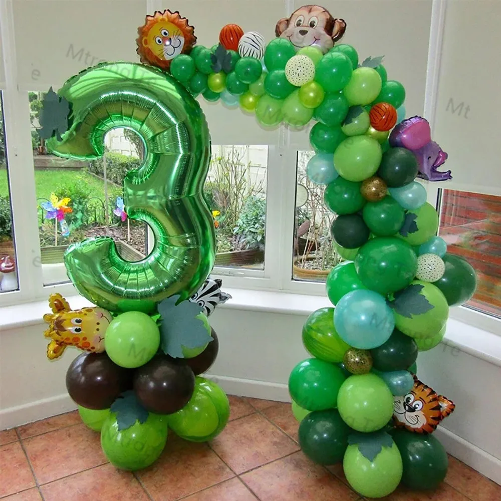 

113pcs Jungle Safari Animal Number Balloons Set Kids 1 2 3 Years Birthday Party Decorations Wild One Green Latex Helium Globos