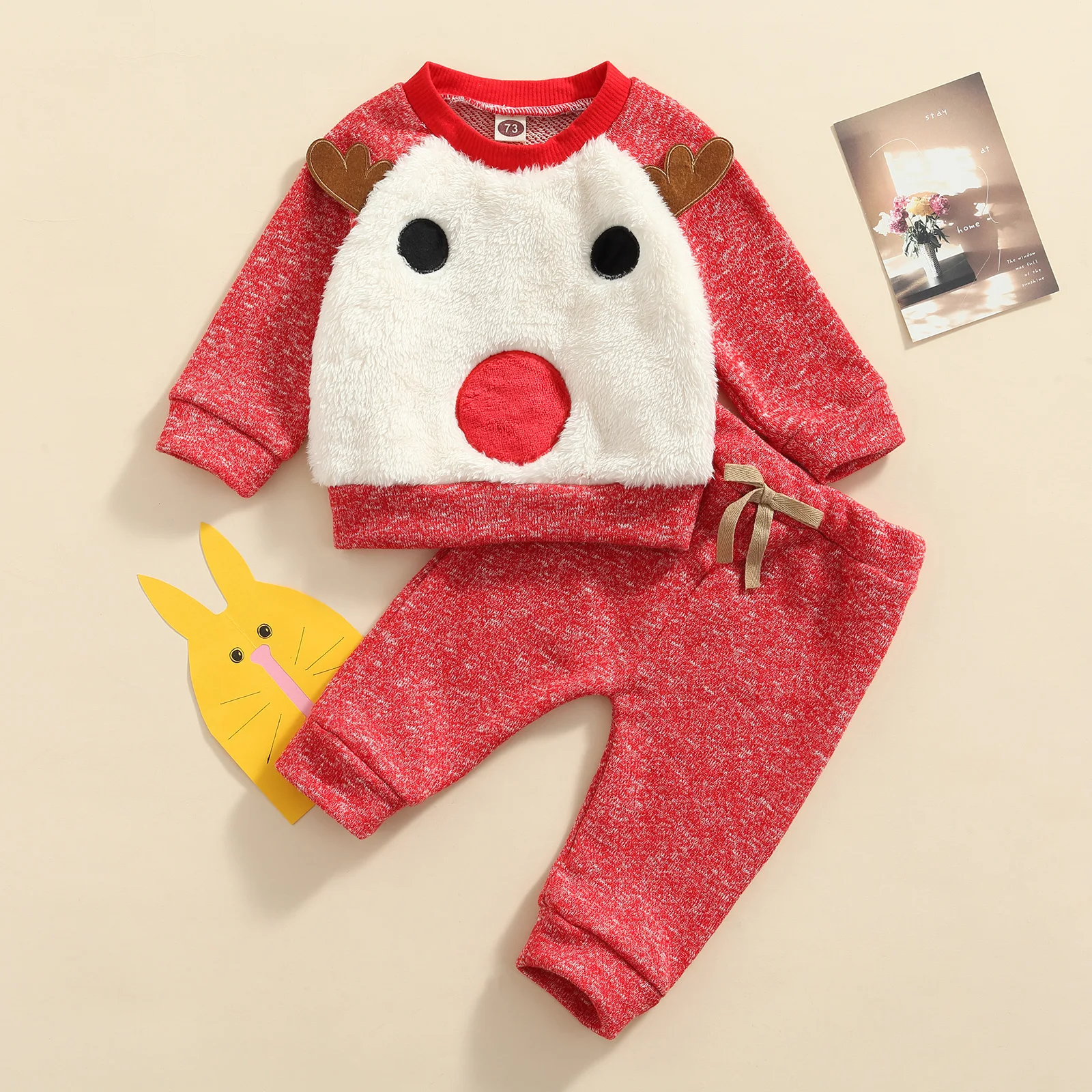 

Children Christmas Nightwear Set, Red Elk Pattern Round Collar Pullover and Elastic Waist Trousers, 6 Months-4 Years