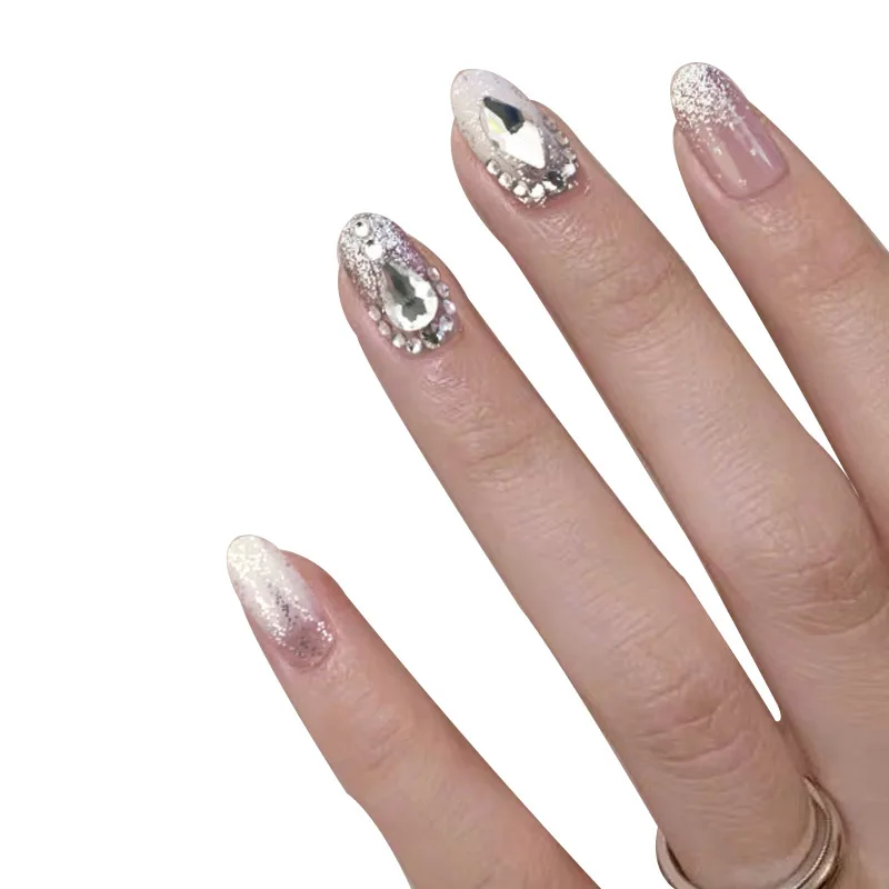 New Full Cover Pink Gradient Fake Nails Shiny Glitter Japanese Style Rhinestone Decoration Round Head press on nails with glue | Красота и