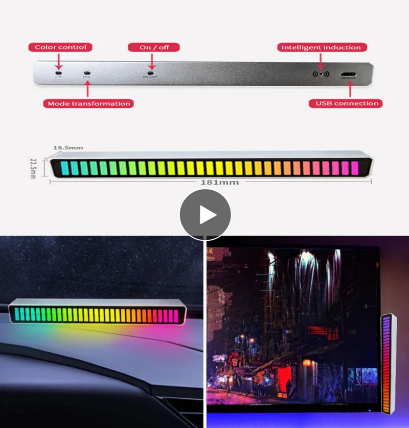 

32-разрядный RGB-индикатор звукоснимателя с голосовой активацией, ритмисветильник окружающий свет, креативная цветная лампа, музыкальный инд...