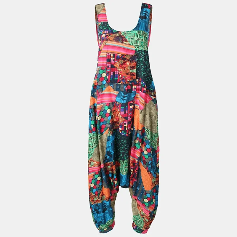 

2021 Fashion Female Summer Harem Overall Jumpsuit Vintage Print Sleeveless Trouser Jumpsuit Casual Rompers Jumpsuits For Woman