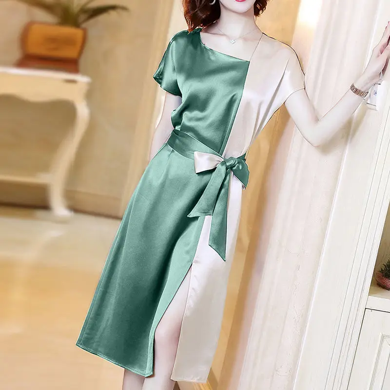 

Женское атласное платье с коротким рукавом, длинные летние платья в европейском стиле, элегантное темпераментное платье в стиле пэчворк