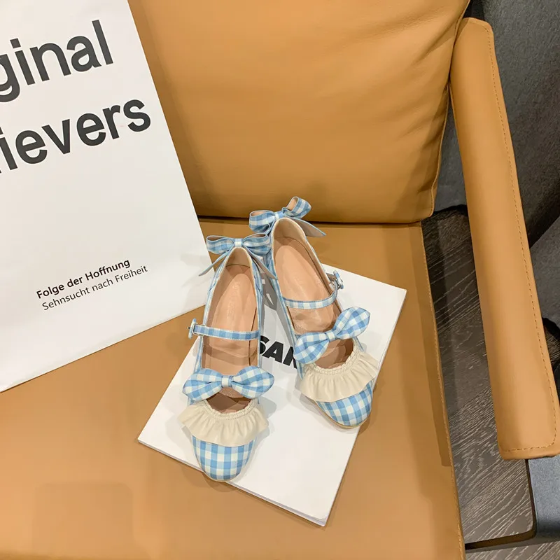

2021 New Fashion Bowknot Plaid Round Toe Mary Jane Shoes Fairy Style Thick Heel Shoes