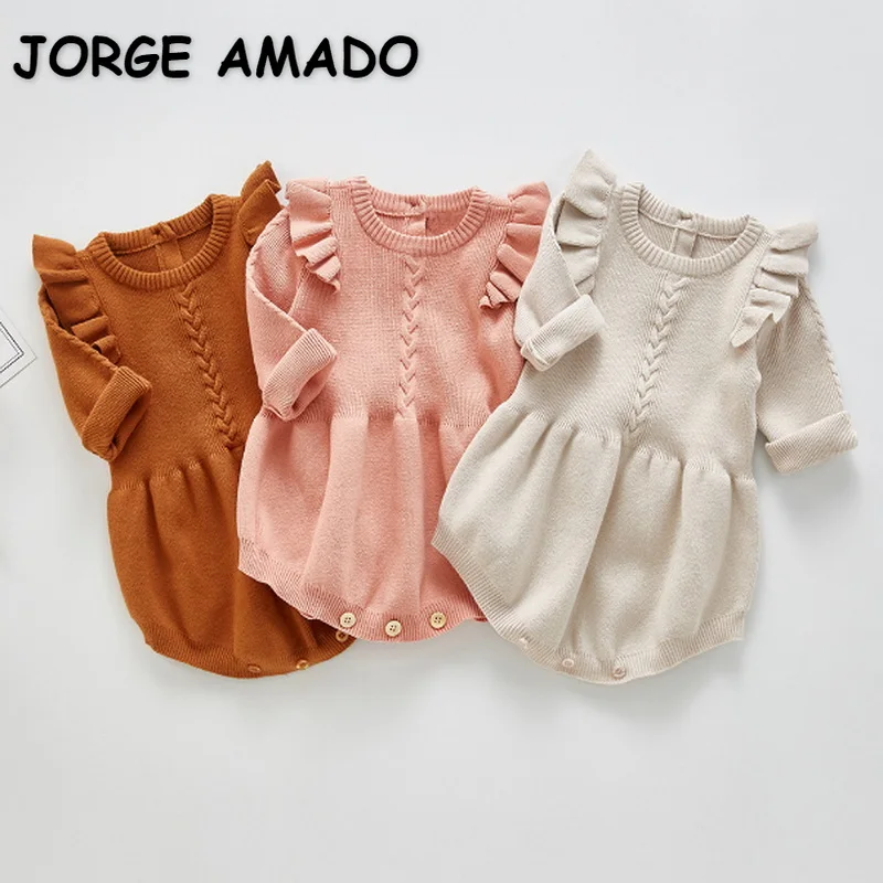 2021 nuevo oto&ntilde;o Body para beb&eacute; manga larga acampanada de cuello redondo lana de Color s&oacute;lido mono ni&ntilde;os ropa de 0-2 a&ntilde;os E336-0