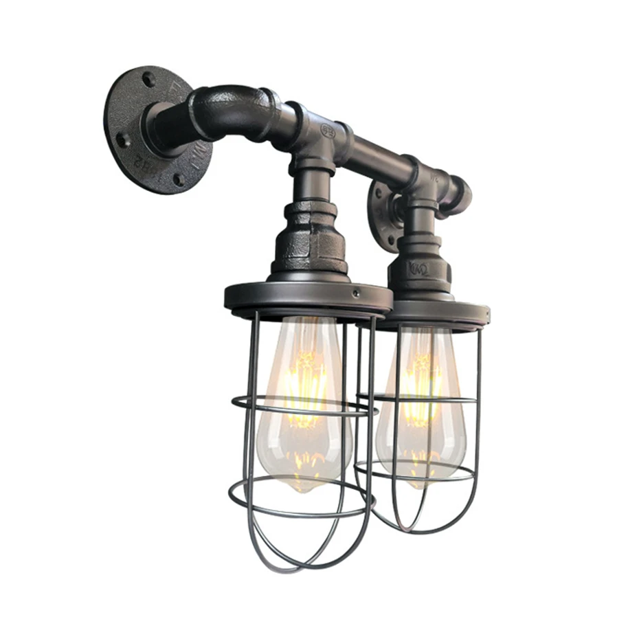 

Personality Creative Double Head Water Pipe Wall light Retro Industrial Wind Iron Cage E27 Wall Lamp For Restaurant Bar Cafe