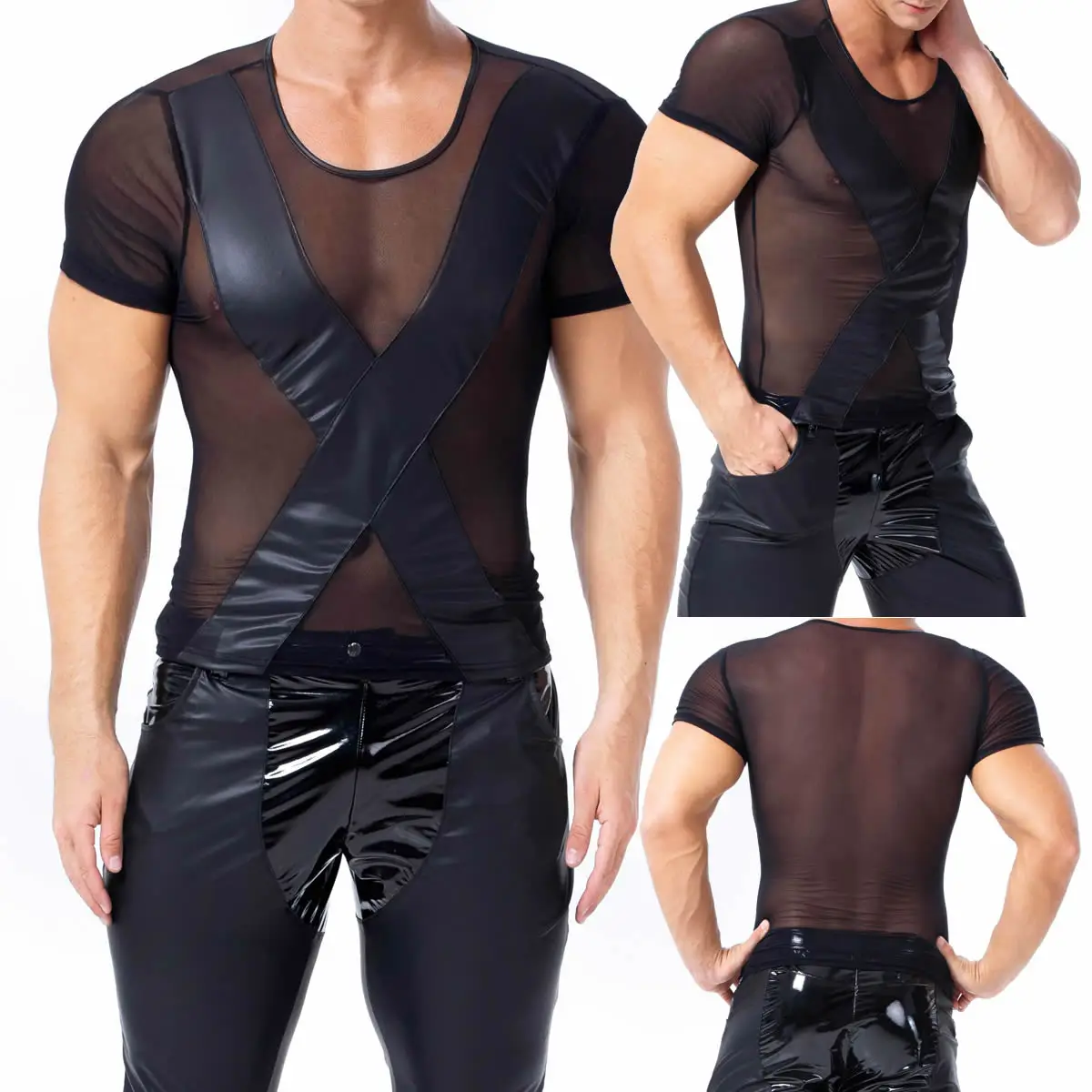 Мужские майки из искусственной кожи сетчатые шорты в стиле пэчворк комплект