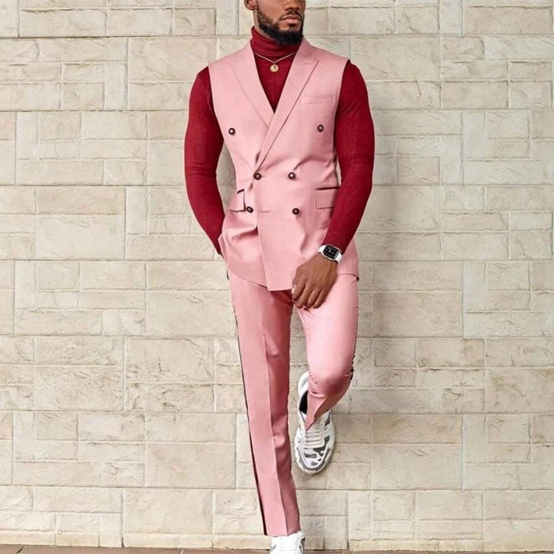 2021 Pink Men's Suits Slim Fit Groomsmen Wedding Tuxedos For Men Peaked Lapel Formal Prom Suit 2 Pcs Costume Homme (Jacket+Pant)