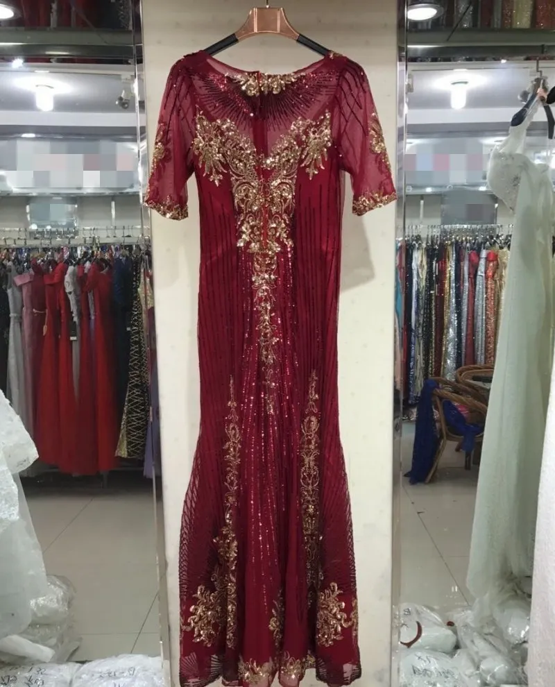 Royal Blue Evening Gown Gold Shiny Bead Piece Evening Dress Formal Mermaid Long Robe De Soiree Special Occasion Dresses ES2607 - Цвет: Бургундия