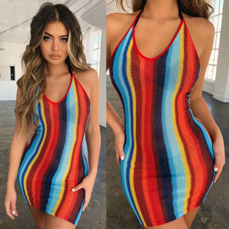 2020 горячее женское платье с лямкой на шее открытой спиной Радужное Полосатое