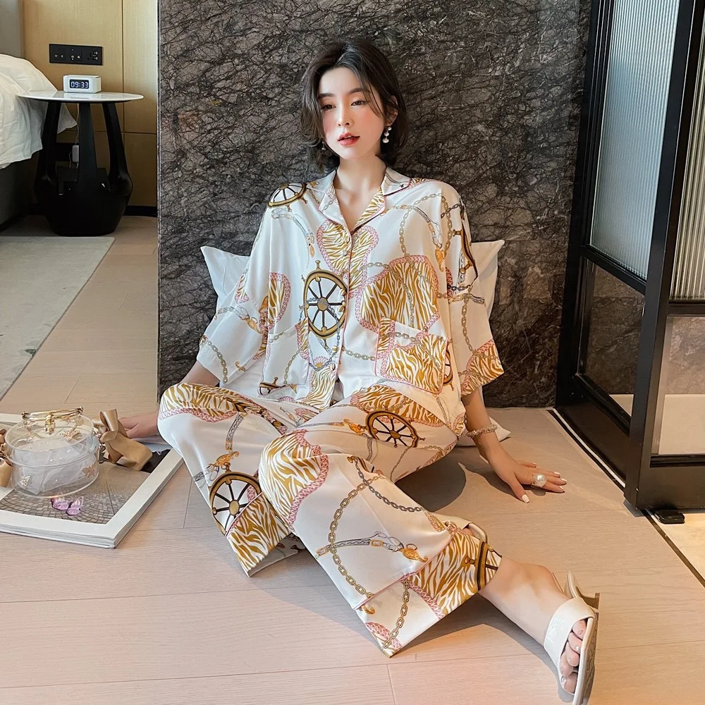 

Silk Pajamas for Women Spring Summer Printed Pyjama Satin Elegant Long Sleeved Trousers Two Piece Set Pajamas Women Homewear Set