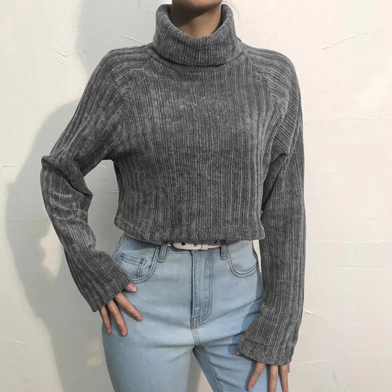 Женский вязаный свитер с длинным рукавом повседневный серый укороченный топ