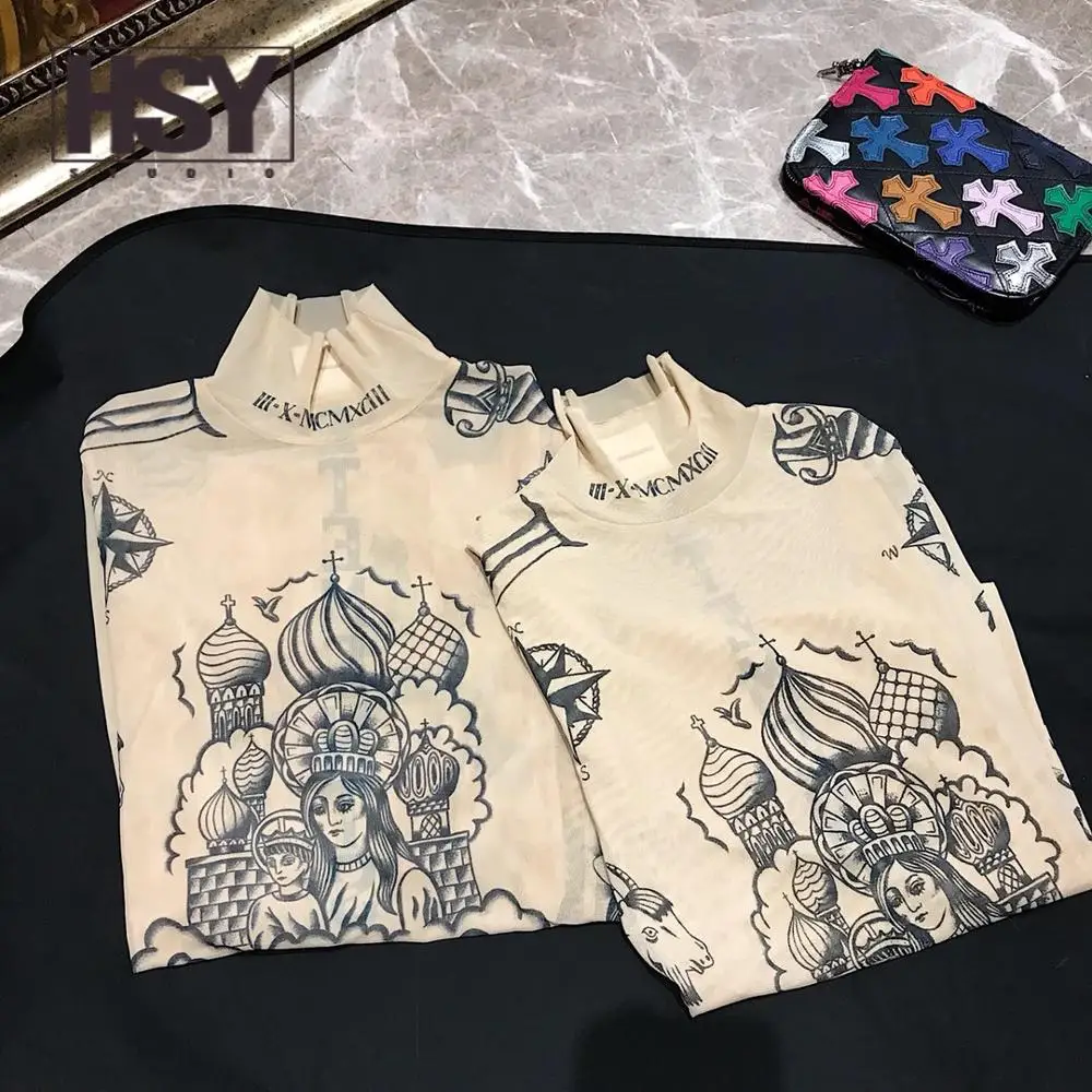 【HSY】2019 Осень Новая мода женщин базальный Топ богиня тату печати с длинным