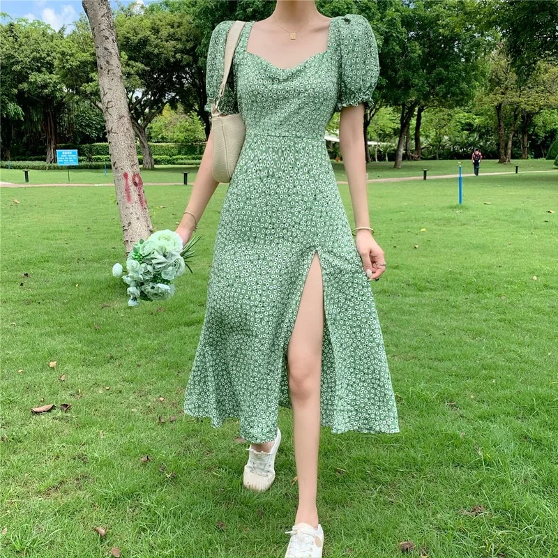 

GOOHOJIO 2021 Summer New Vacation Beach High Waist Women Dress Floral V-neck Dresses Women Temperament Tender Dress for Ladies