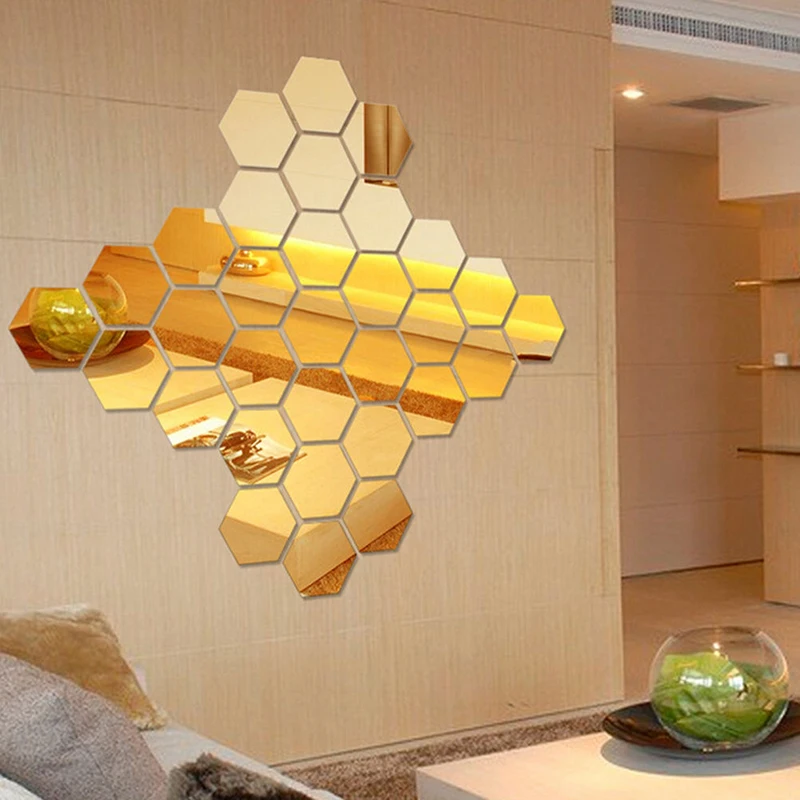 

12Pcs Gold / Silver Acrylic Mirror Wall Stickers 3D Hexagon Wall Sticker DIY Art Wall Decor Stickers Living Room Mirrored Decor