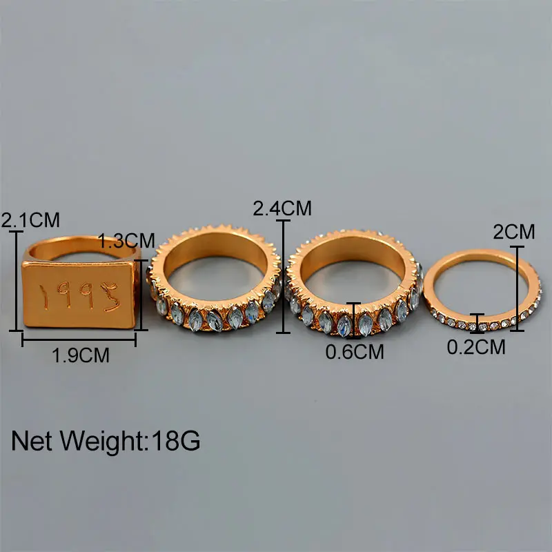 

Retro Crystal Rhinestone Iced Out Ring Set for Women Golden Punk Chunky Geometric Square Years Ring 2021 Luxury Hip hop Jewelry