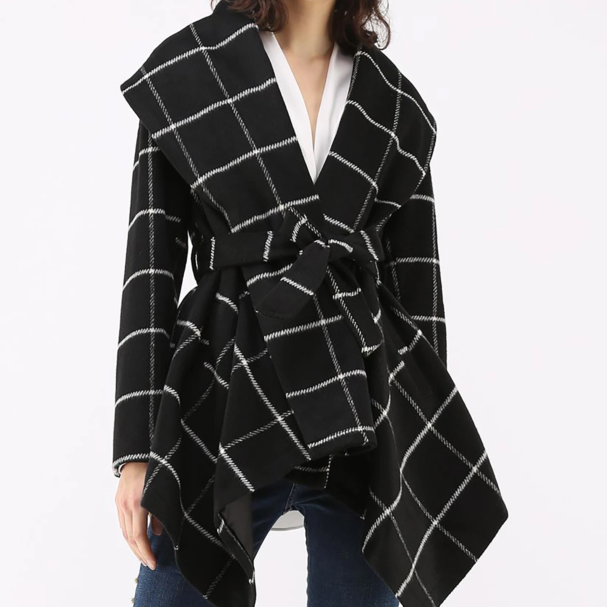 

Women Cape Lapel Tweed Plaid Irregular Hem Lattice Jacket Retro Slack Checked Long Sleeve Coat Slim Female Elegant Top Outerwear