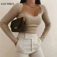 women knit sweater top long sleeve sexy square neck casual 2021 new stylish chic slim fit tight knitted sweaters pullover tops