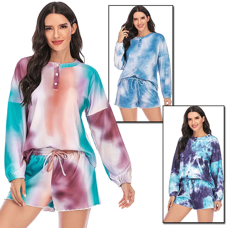 

Women's Homewear Spring and Summer Long-sleeved Shorts Loose Tie-dye Casual Pajamas Pijamas Women Sleep Tops Sleepwear