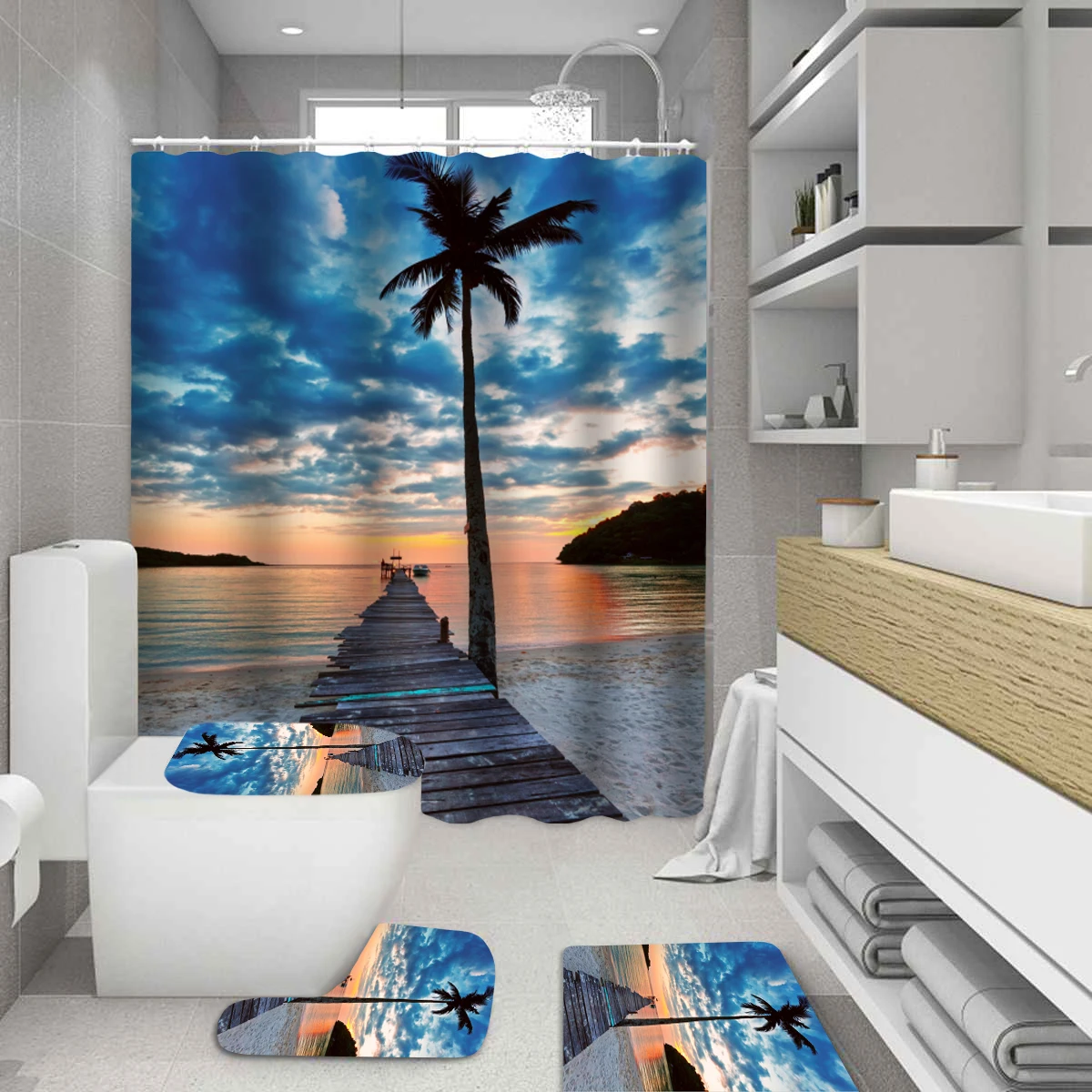Занавеска для душа Bipoobee тканевая шторка в морском стиле ванны нескользящий