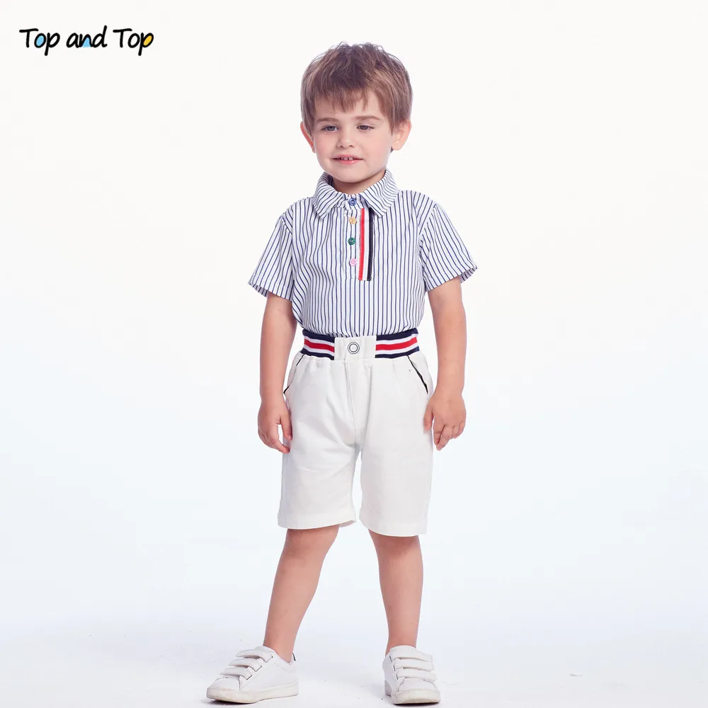Топ и топ летний модный детский костюм для мальчиков блузка в полоску с коротким