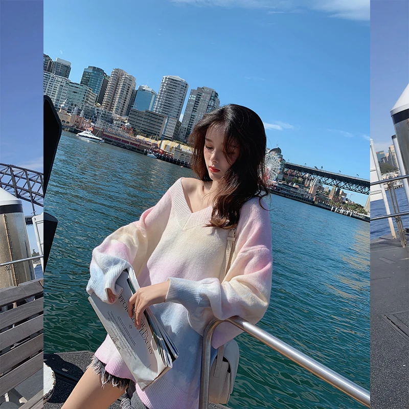MISHOW Spring Autumn Rainbow Pink Sweater women V-neck Loose Long Sleeves Knit Pullover Over Size Outer Wear Tops MX19C5425 | Женская