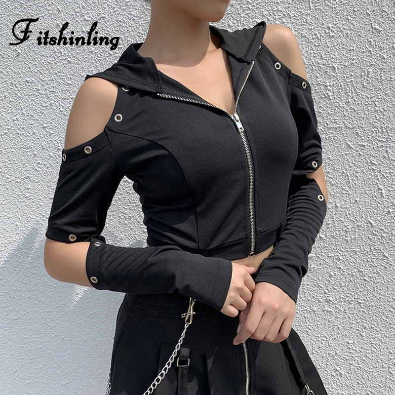 Готические футболки для женщин Fitshinling с открытым плечом обрезанный Топ в стиле