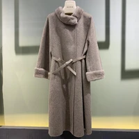 new 2022 ladie grey coffee real wool cashmere blended long woolen coat with genuine mink fur collar d033