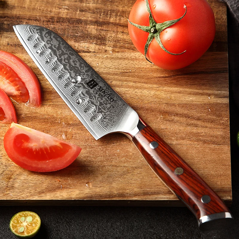 XINZUO 5 ''дюймовый нож Santoku 67 слоев Китай Дамасская сталь кухонные ножи Высокое качество барбекю нож с розовой деревянной ручкой