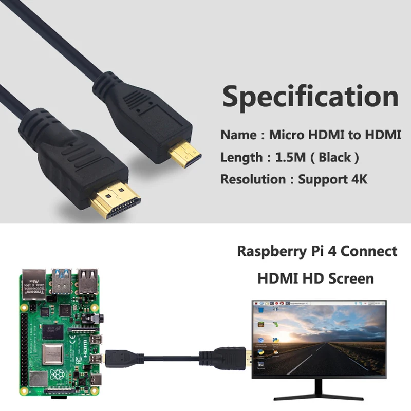 Кабель Micro HDMI-HDMI для Raspberry Pi 4 позолоченный 3D Кабель-адаптер HDTV настольного
