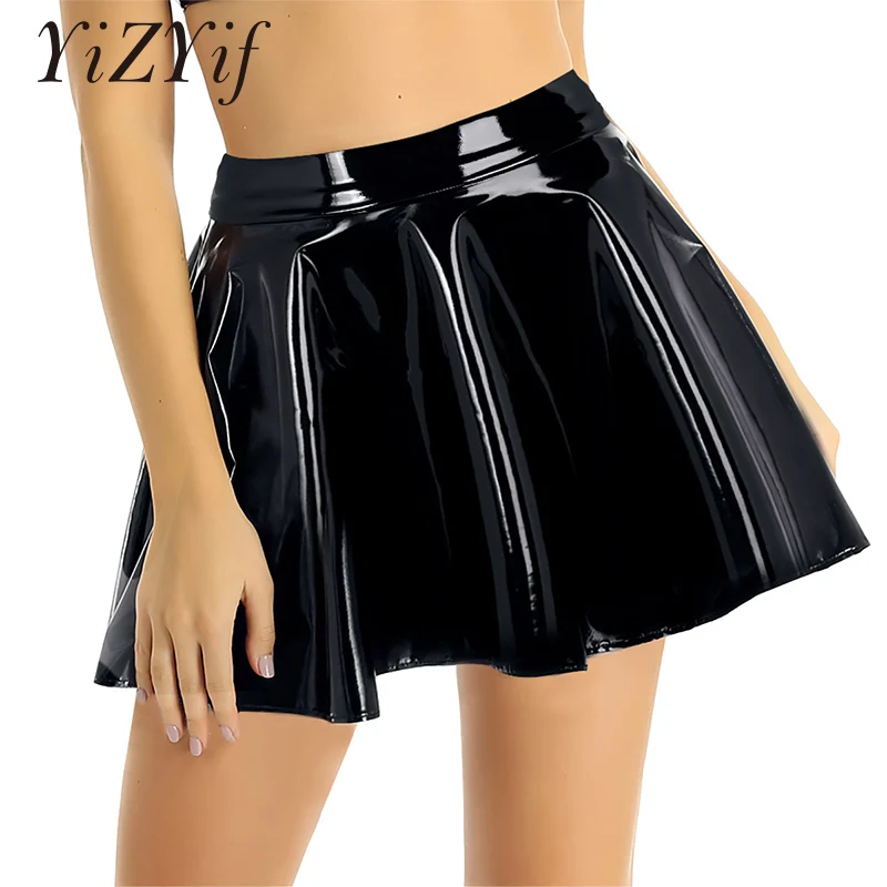 Women PU Leather skater skirt High Waist Flared Pleated A-Line Circle Wet Look Mini Skater Skirt for Sexy Shiny | Женская одежда