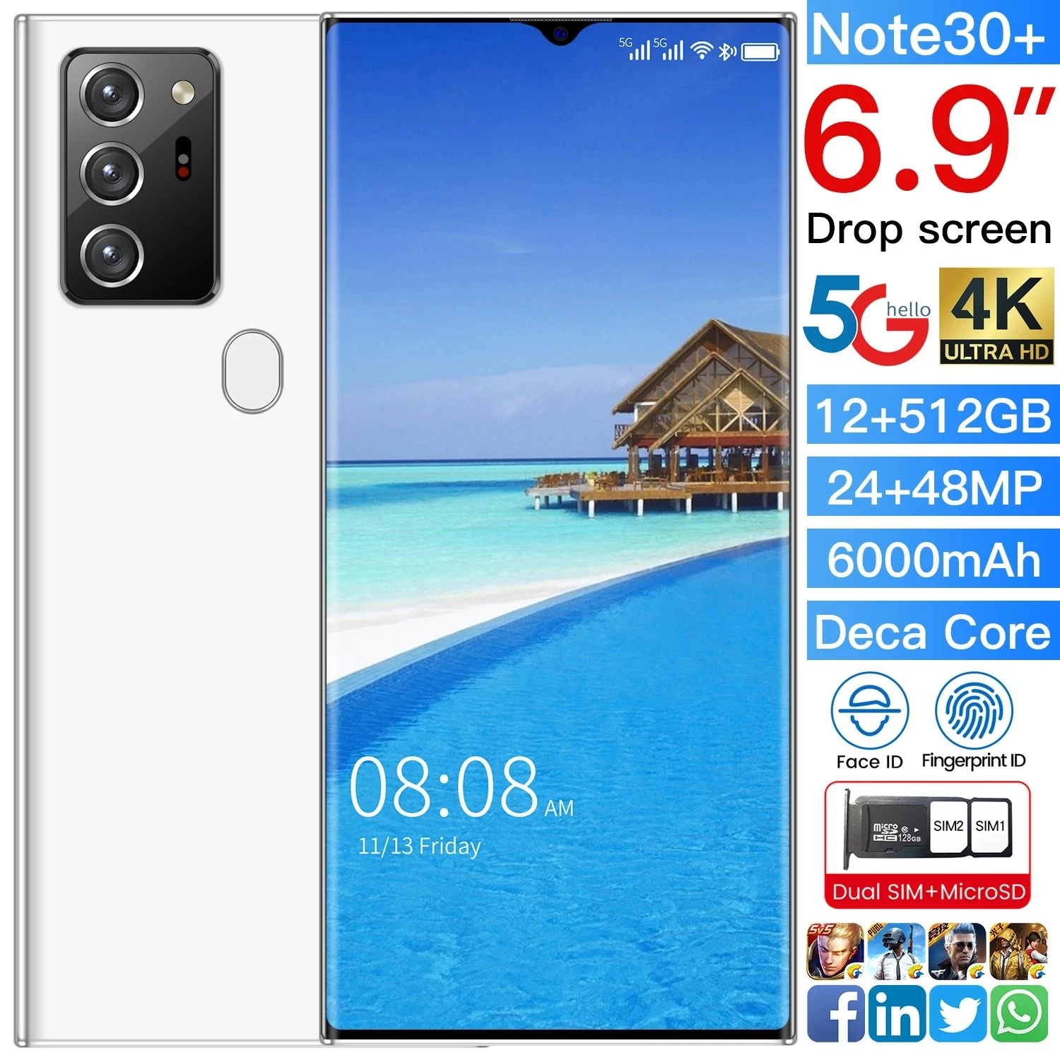 

Snapdragon 865 Note30 Smartphone, 6.9 Inch Mobile, Global Version, 12GB + 512GB, 6000mAh, Android 10, Fingerprint Identification