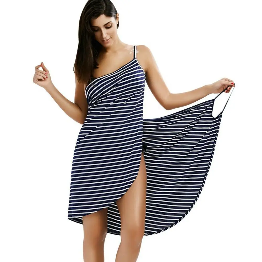Ladies Bath Towel Sexy V-Neck Sling Striped Long Beach Skirt Wrapped Summer Home Holiday Swimming Spa Robe | Дом и сад