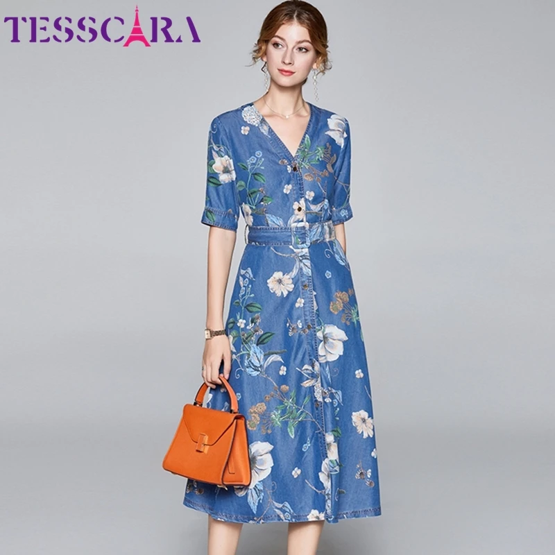 Женское летнее элегантное джинсовое платье TESSCARA с V образным вырезом