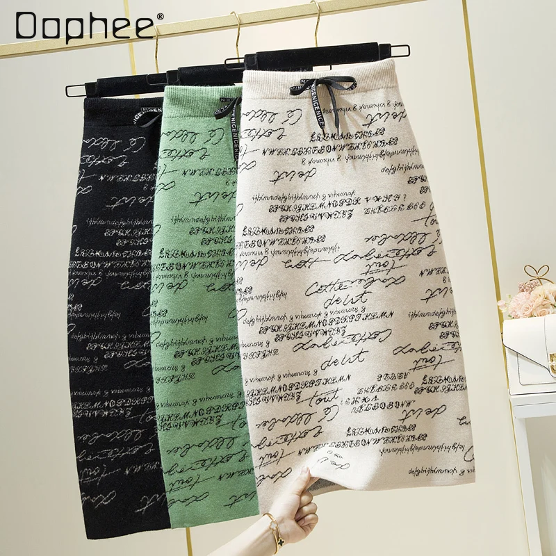 

Winter Faux Rabbit Fur Cored Yarn Thickened Mid-Length Skirts 2021 Autumn Ladies Letters High Waist Drawstring Hip Knitted Skirt