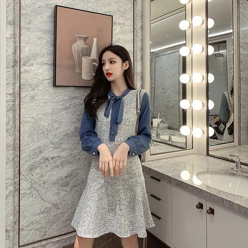 Женское короткое платье с длинным рукавом винтажное Элегантное повседневное