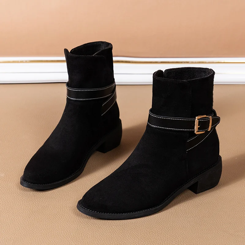 

2021 Autumn New Women's Nude Boots Solid Color Round Head Square Heel Buckle Style Outdoor Non-slip Comfortable Casual Boots